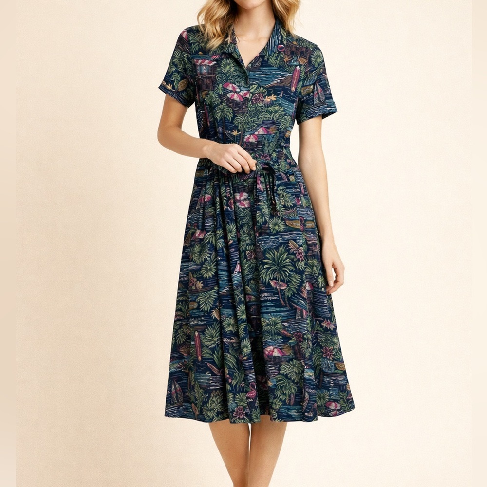 Navy Tropical Print Shirt Dress with Tie Waist